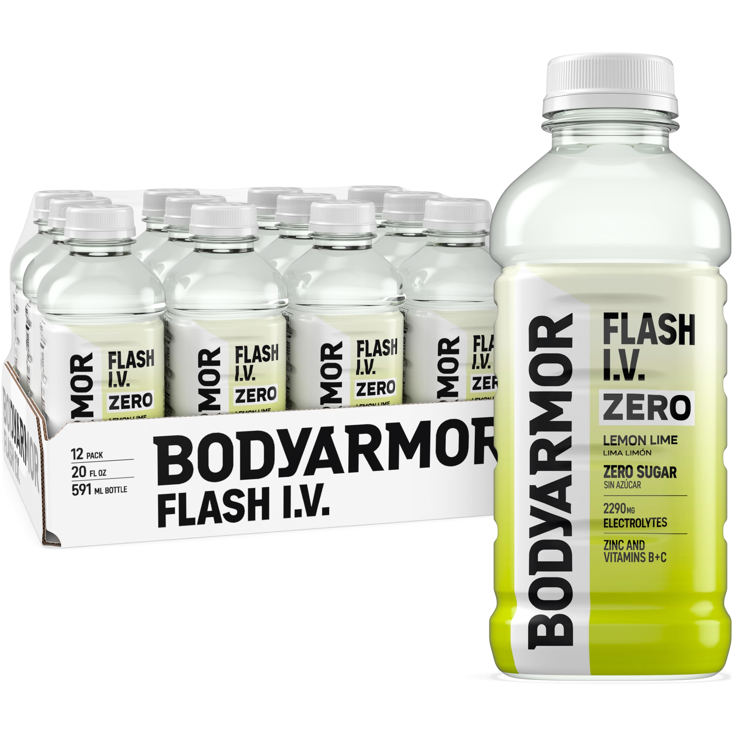 Bodyarmor Flash I.V. Zero Sugar Electrolyte Beverage, Lemon Lime, Hydration Drink For Rapid Rehydration, Post Workout Recovery, 20 Fl Oz (Pack Of 12)